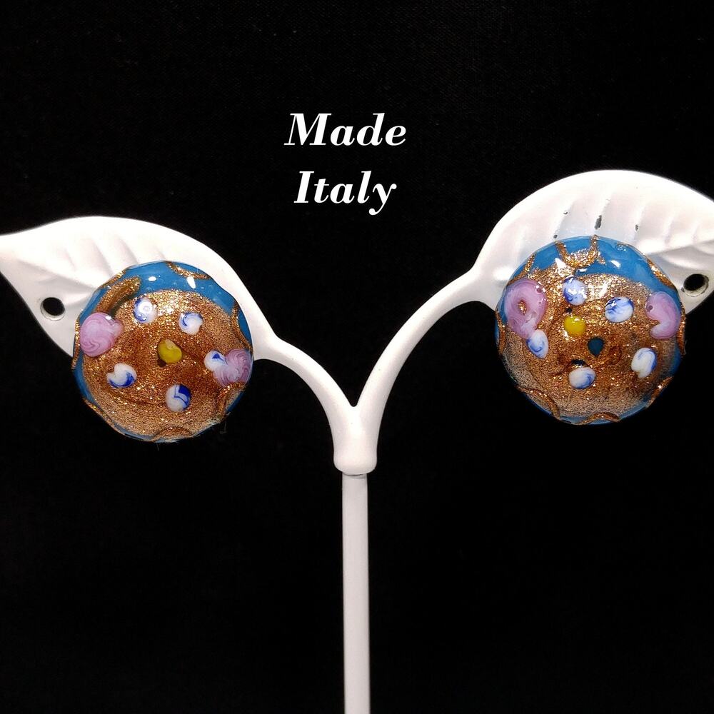 Vintage Italian Wedding Cake Clip Earrings, Blue Pink Roses  1940s